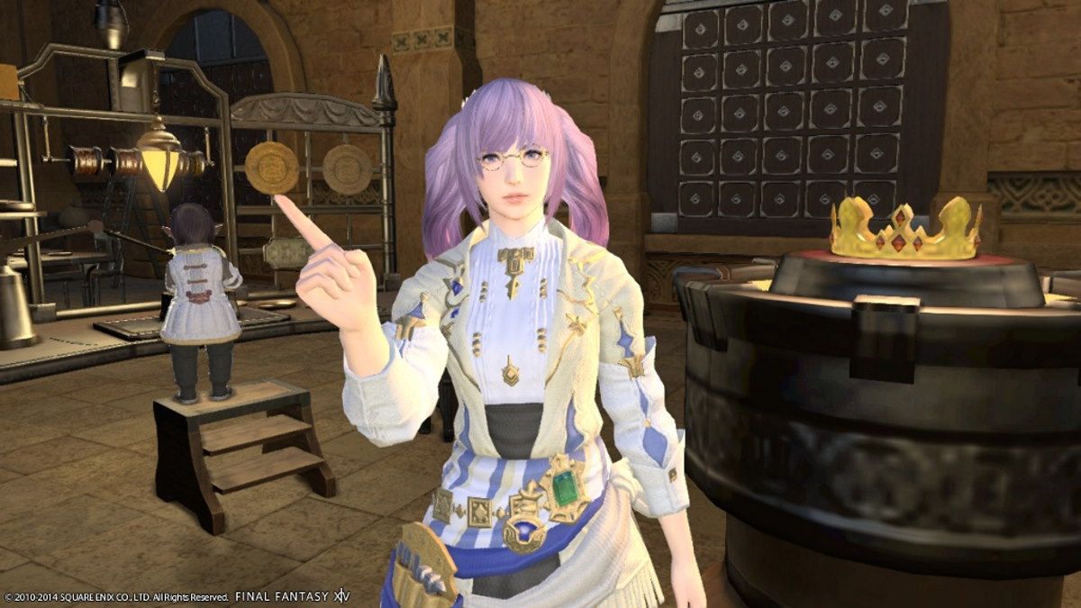 Serendipity, the Goldsmith guildmaster in Final Fantasy 14. A hyur woman with pink pigtails.