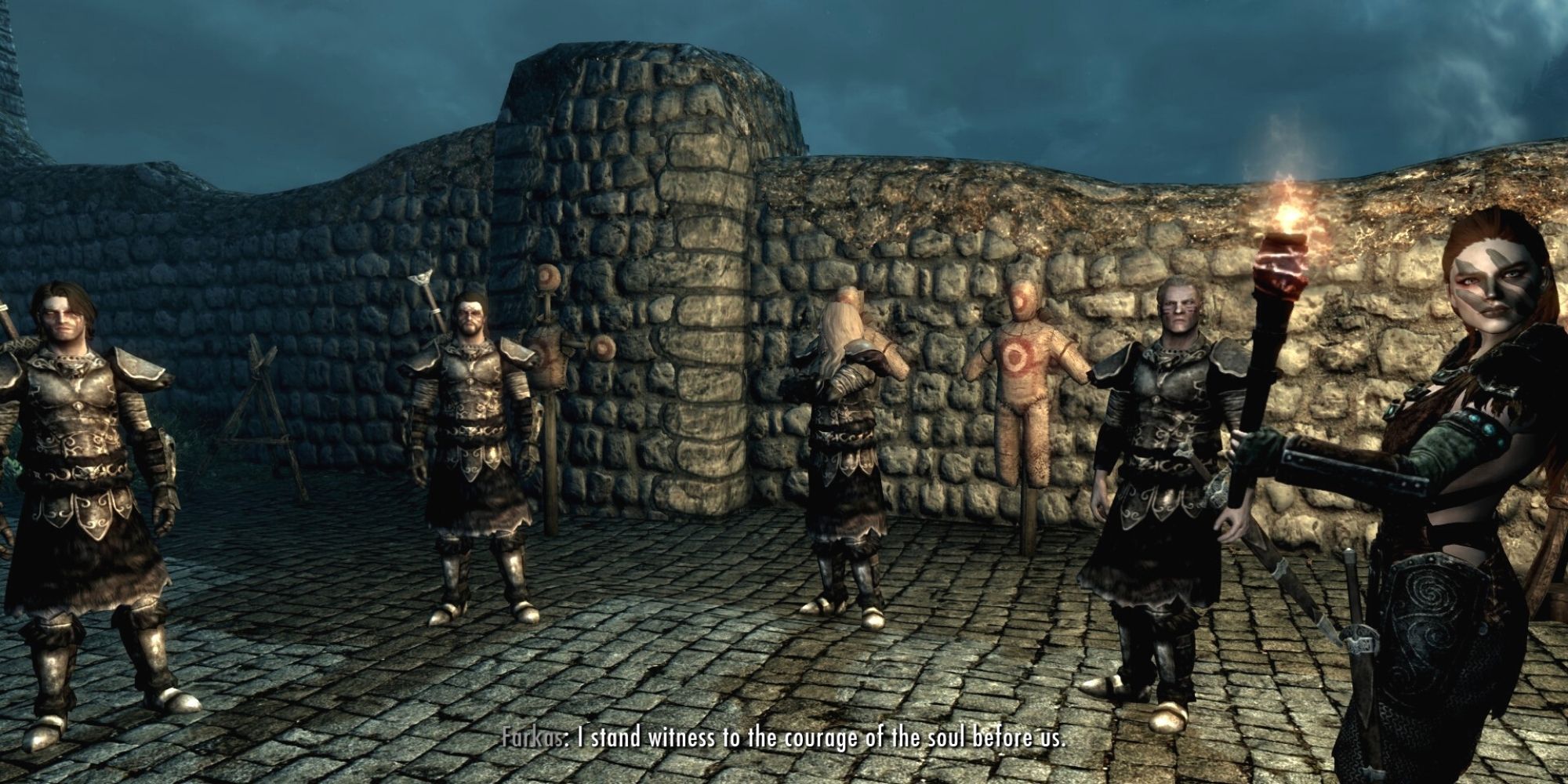 Skyrim: The inner circle of The Companions welcomes the Dragonborn outside Jorrvaskr