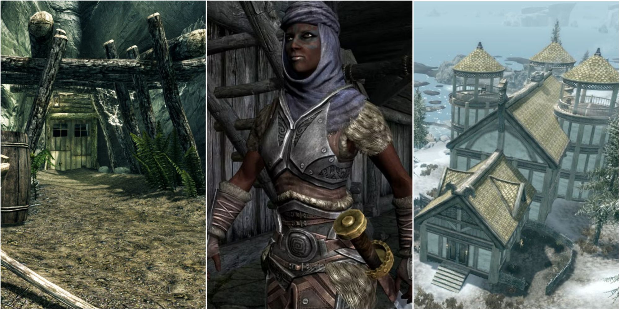 Three pictures side by side - one of a skyrim mine, one of Rayya, and one of a Skyrim house