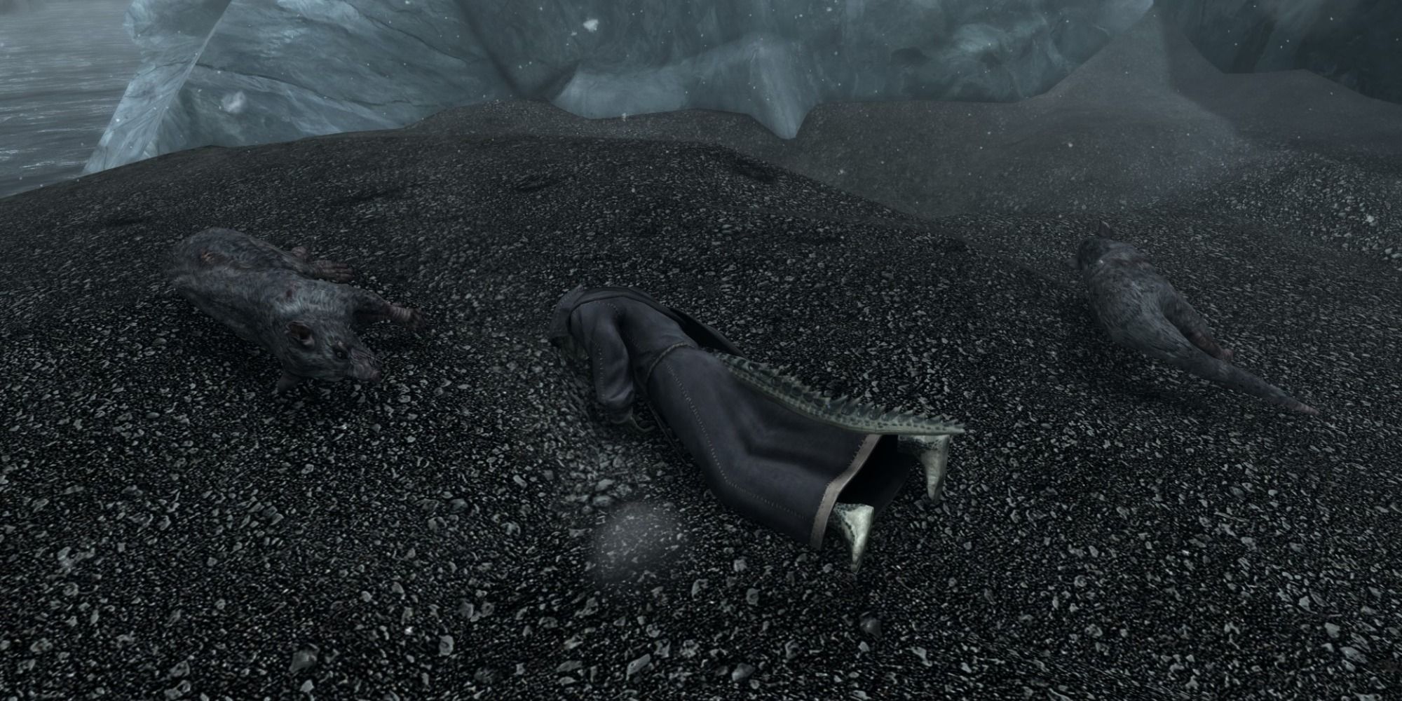 Skyrim screenshot showing Ilas-tei's body with dead skeevers.