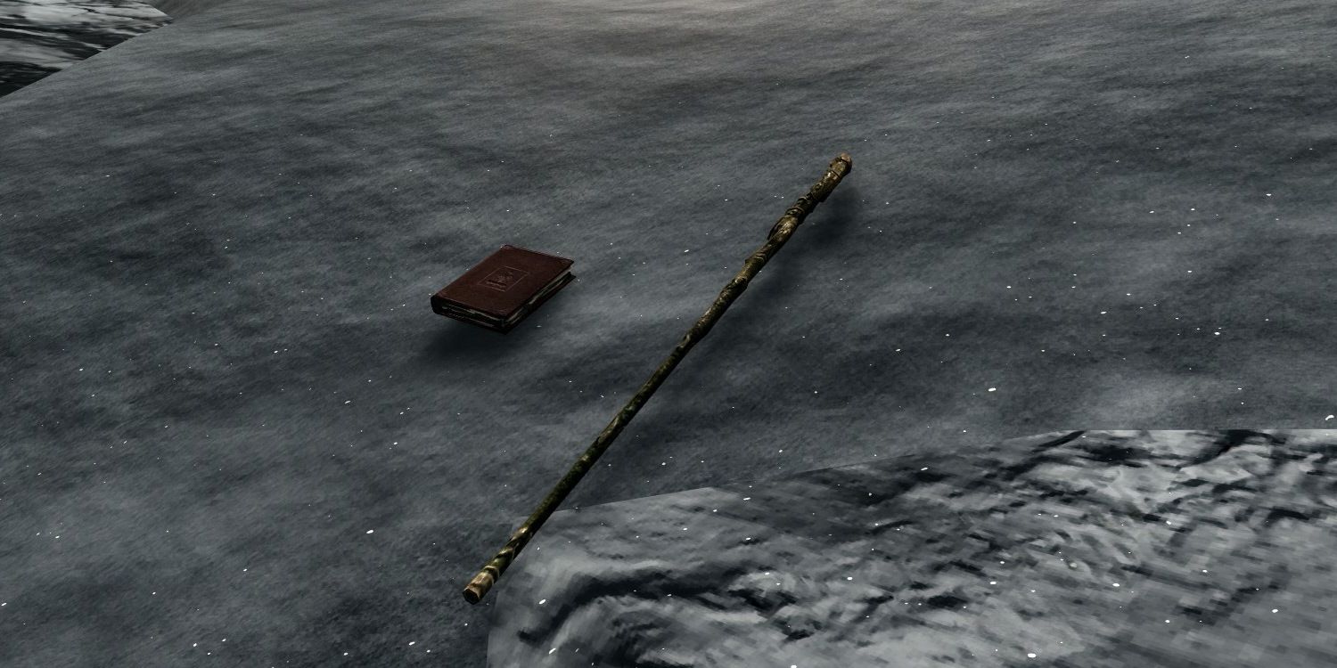 Skyrim screenshot with mage staff and book on the ground.