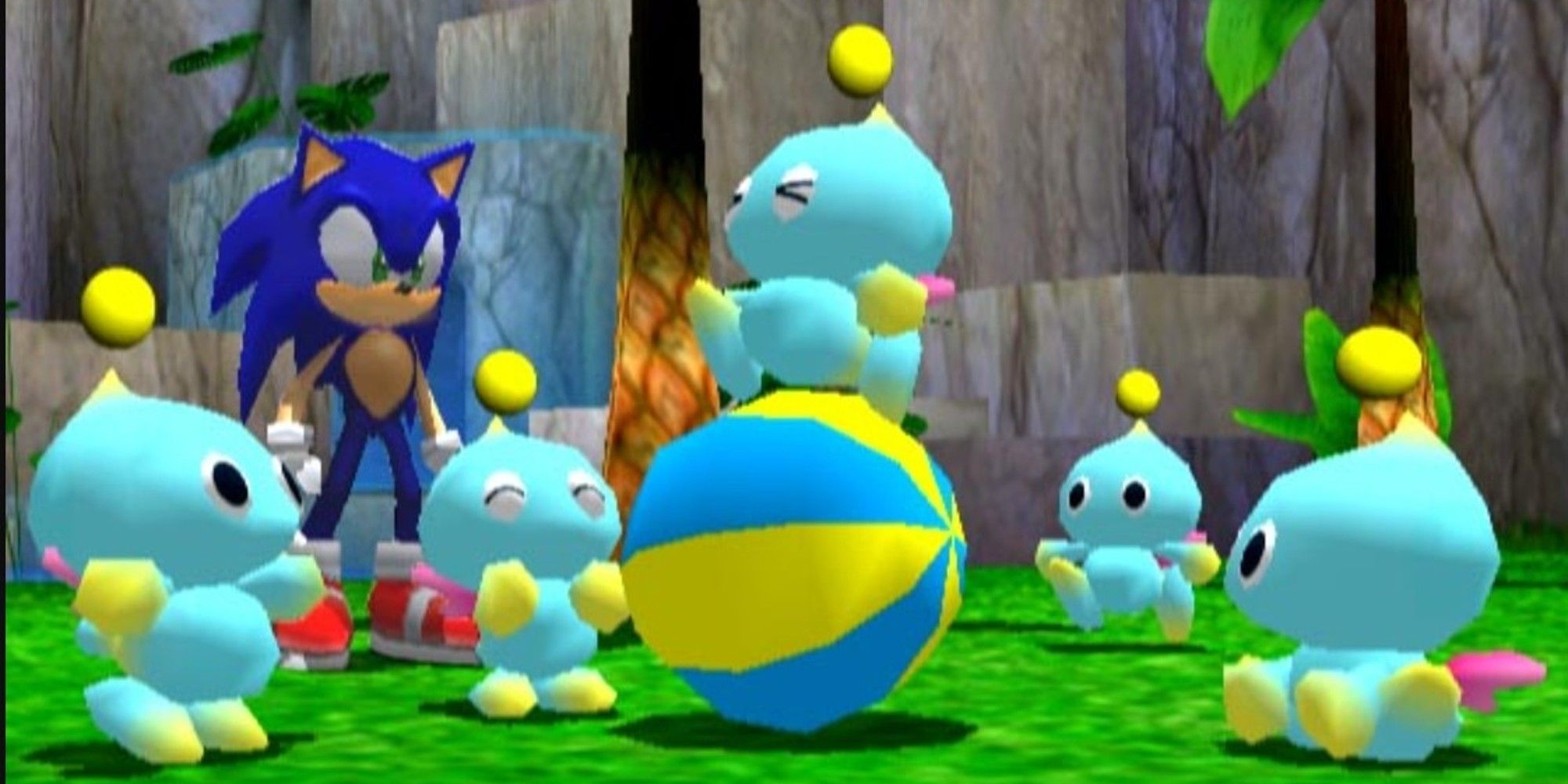 A screenshot of Sonic Adventure 2, showing Sonic looking at a group of neutral Chao in the Chao Garden