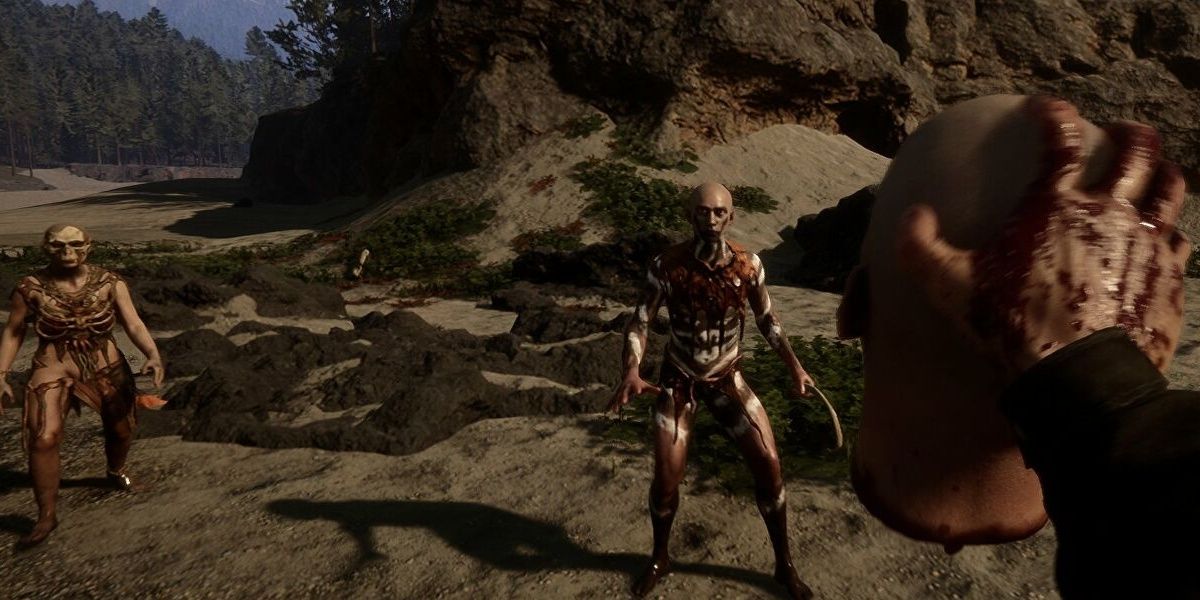 Player holding head of enemy towards cannibals in The Forest