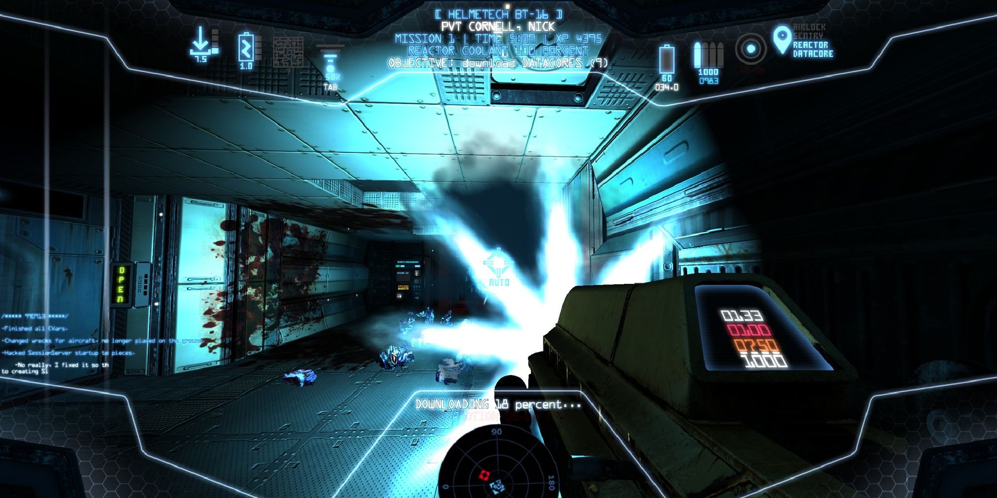 A screenshot of Space Beast Terror Fright, showing the main character firing a gun in a dark, bloody hallway