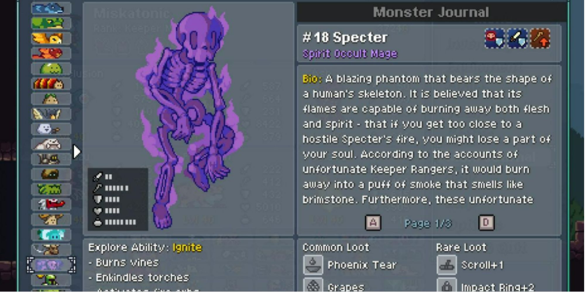specter monster stat and info screen in monster sanctuary
