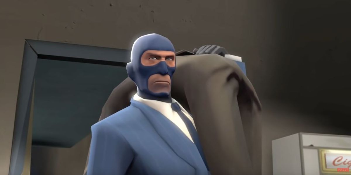 The Spy holding the Sniper in Team Fortress 2's Meet the Spy