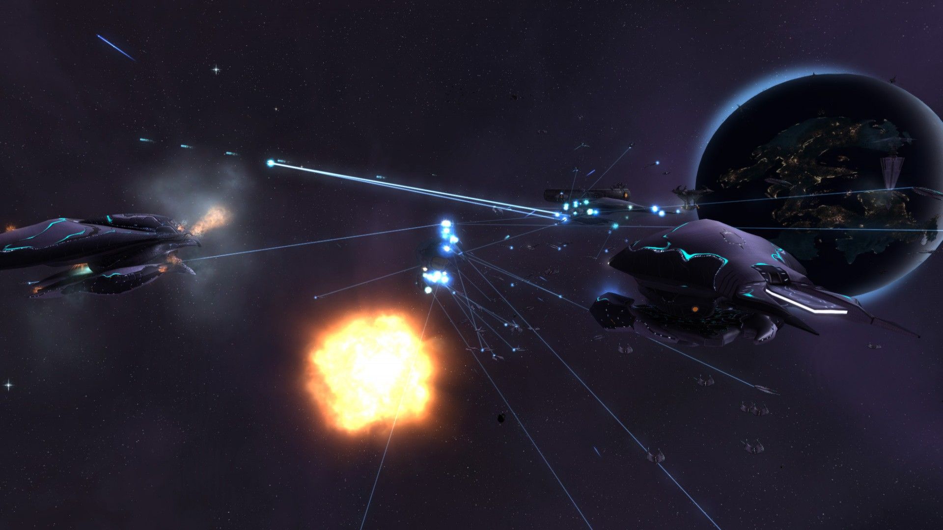 Sins Of A Solar Empire fleets fighting in front of planet with exploding ships nearby