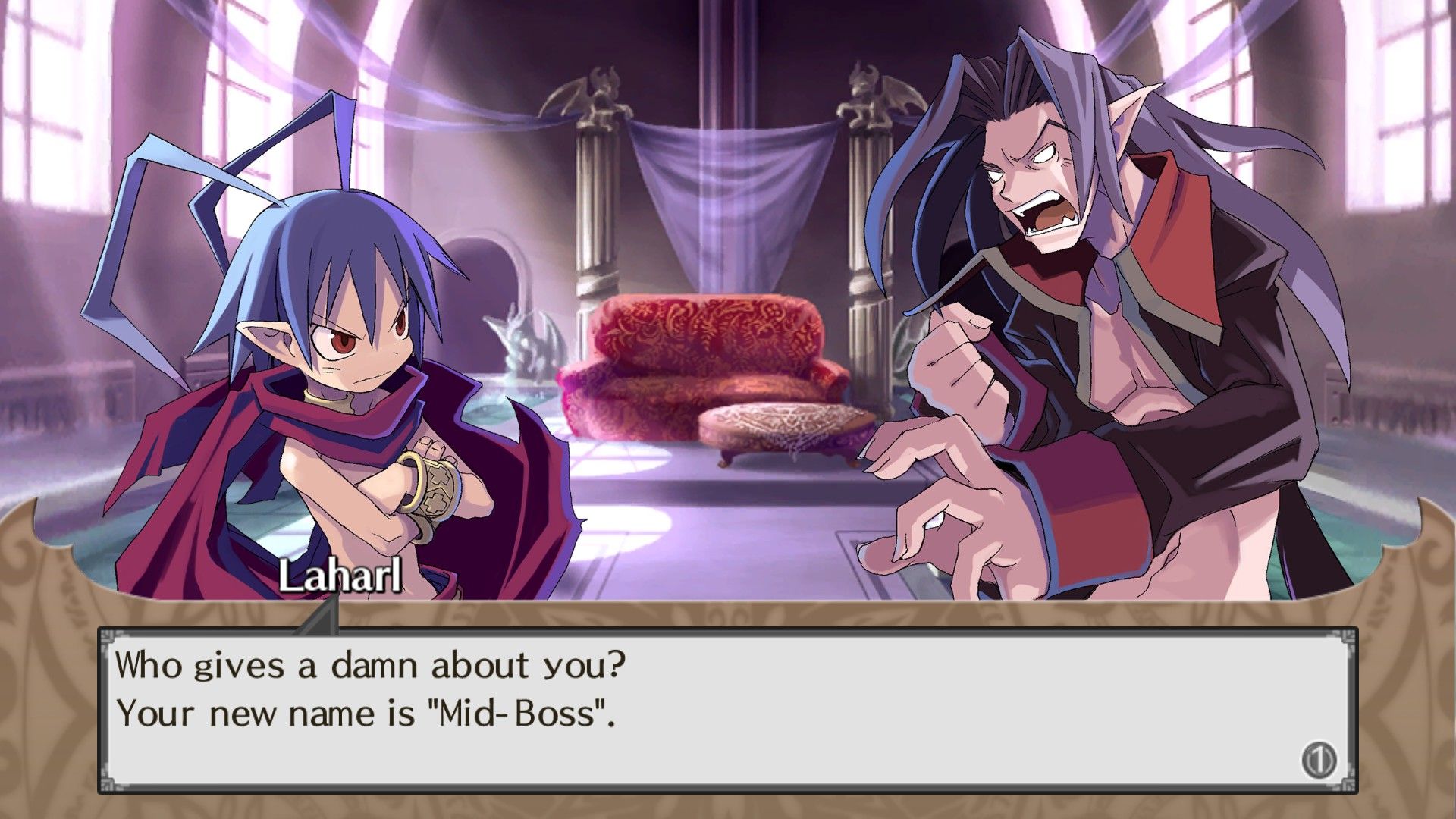 Disgaea Laharl talking to Mid-Boss