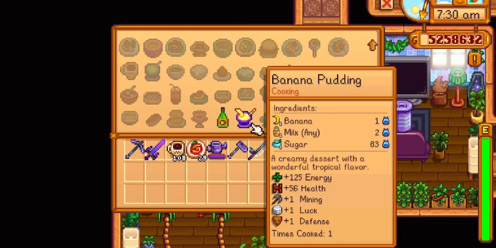 stardew valley cooking menu with banana pudding info box open