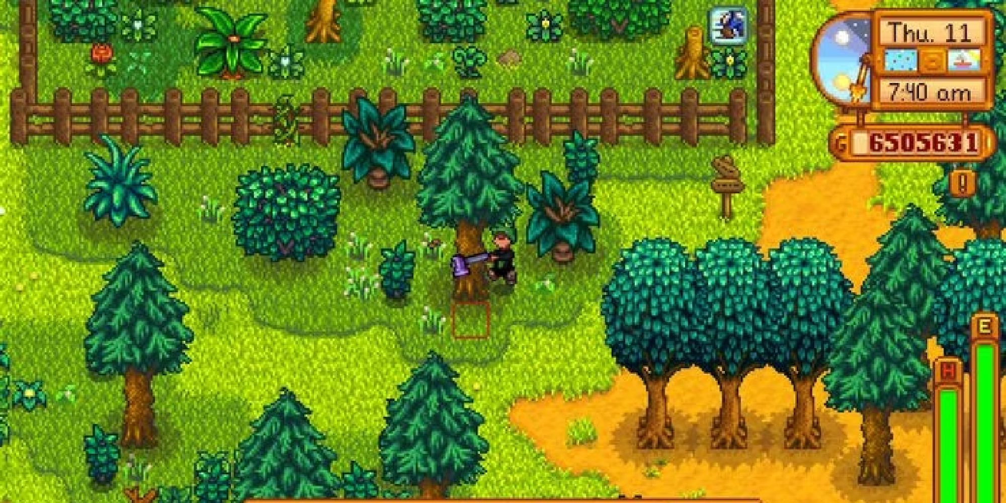 player chopping down a tree