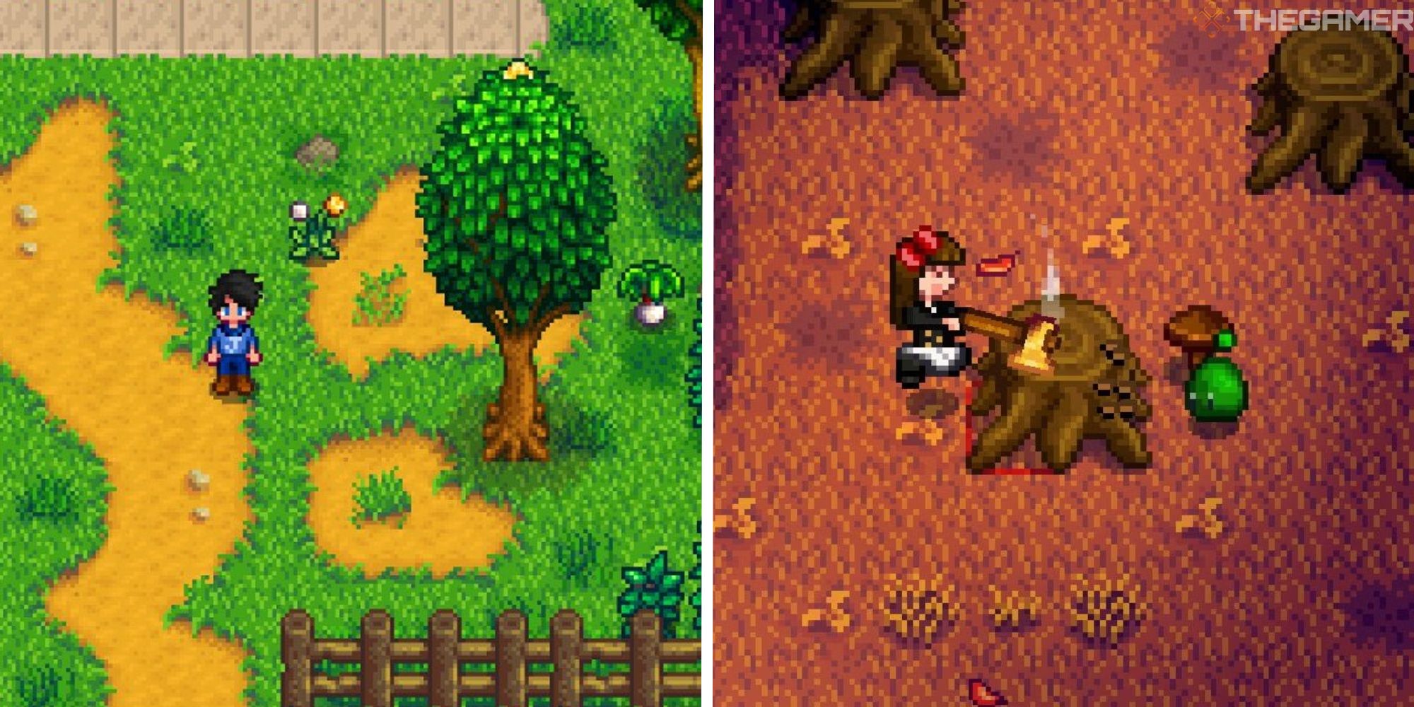 image of player near bus stop with dandelions next to image of player chopping down a stump with a slime