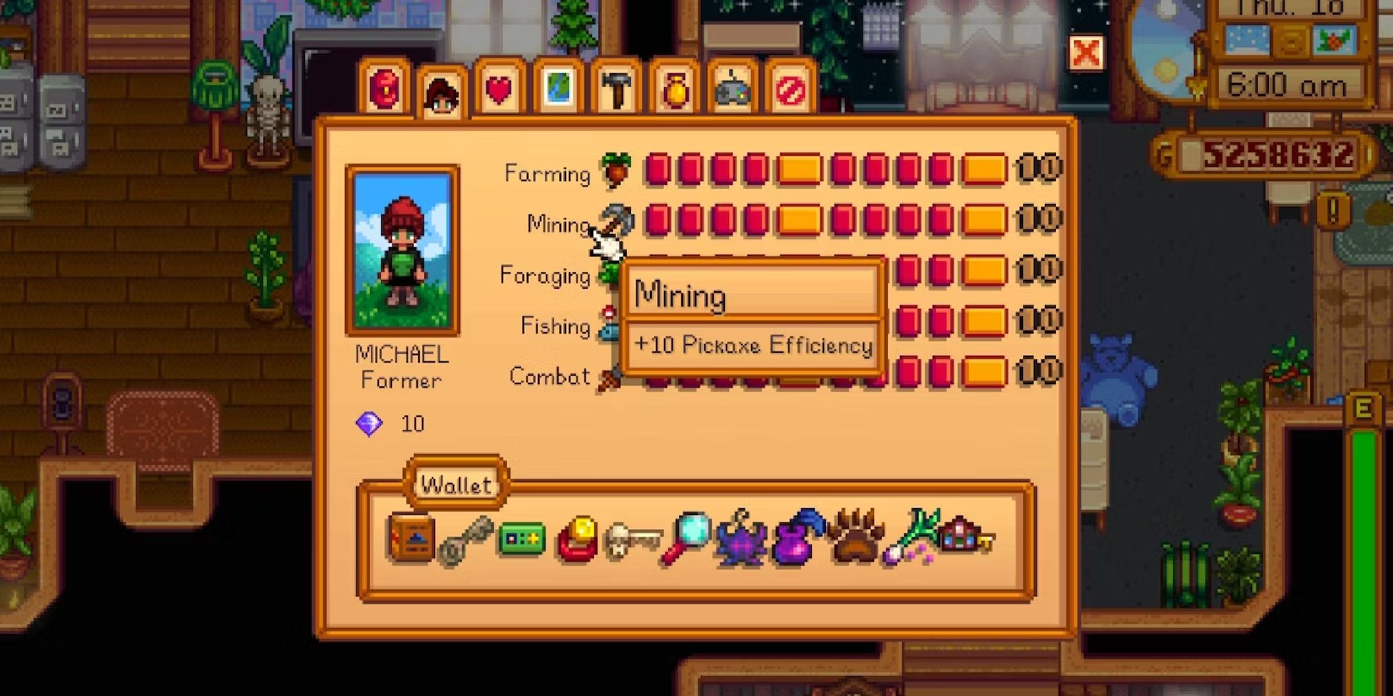 stardew valley skill menu with the mining skill selected