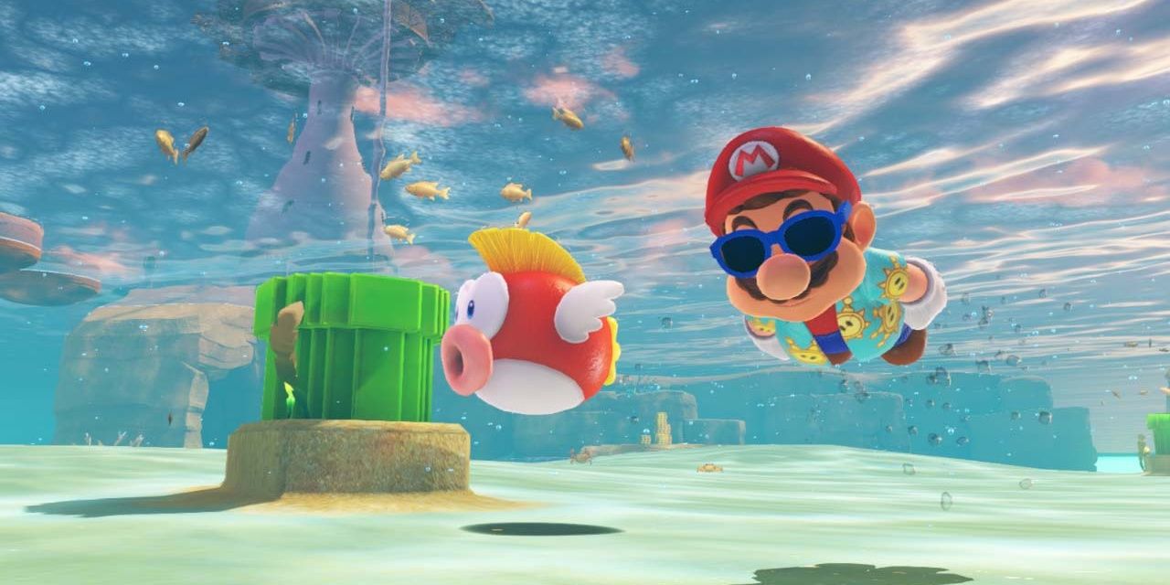 Mario swimming underwater alongside a Cheep Cheep