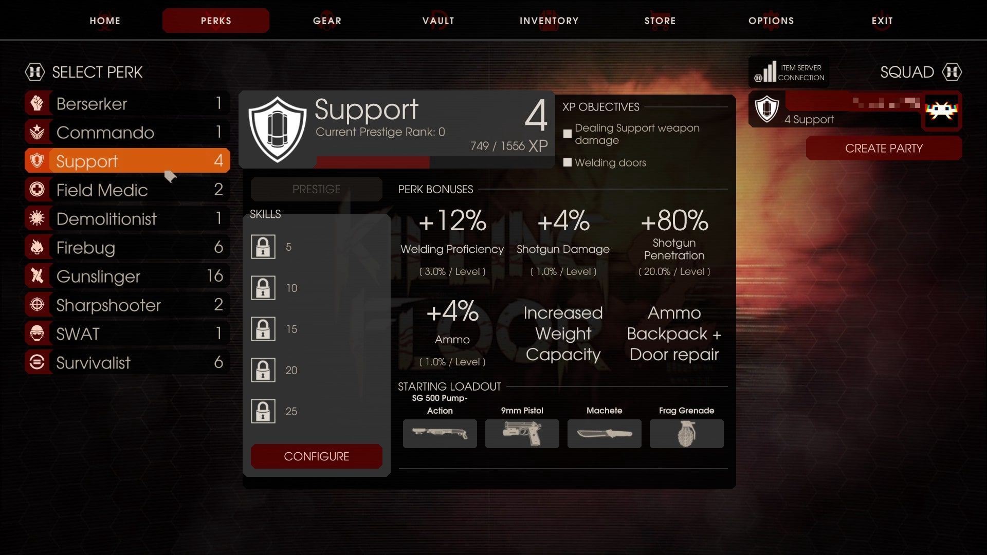 A screen showing the Support perk in Killing Floor 2