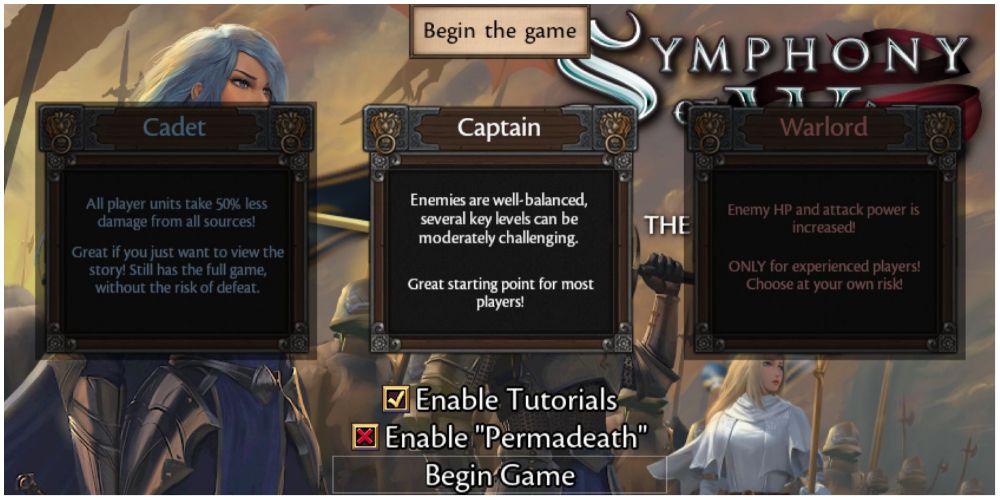 symphony of war begin game choices screen