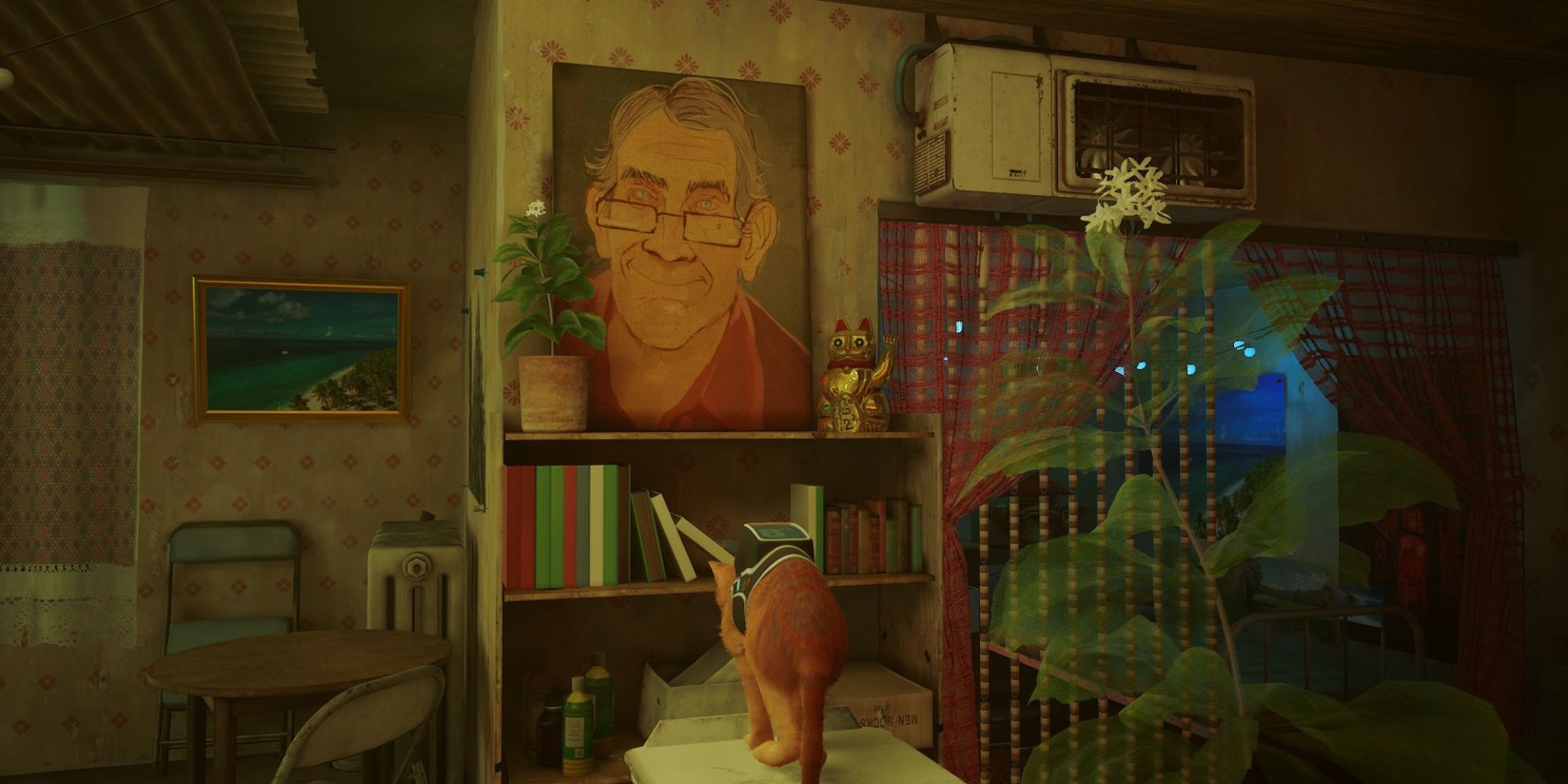 on the wall above a bookshelf, a painted portrait of what looks like Team Fortress' Medic in his older years hangs
