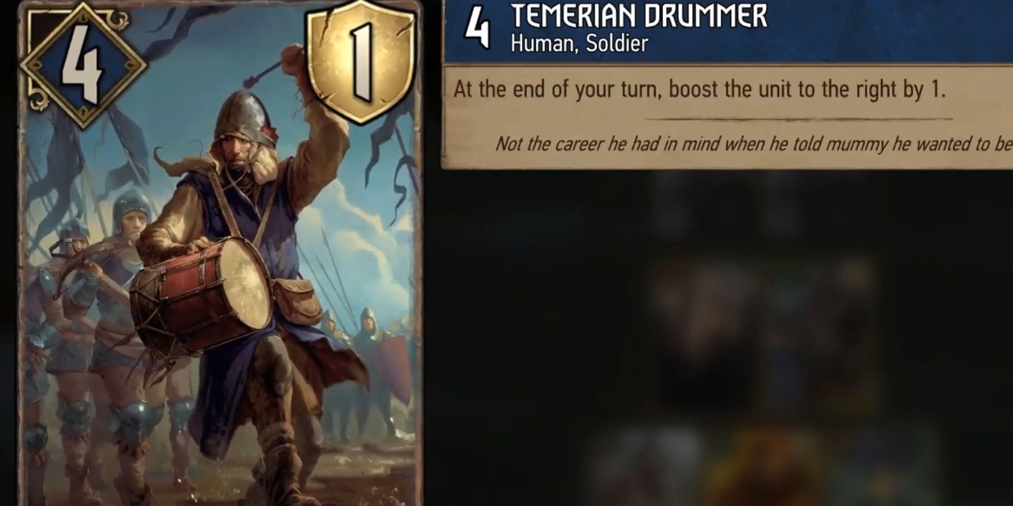 Gwent Rogue Mage Temerian Drummer card. Temerian banging a drum.