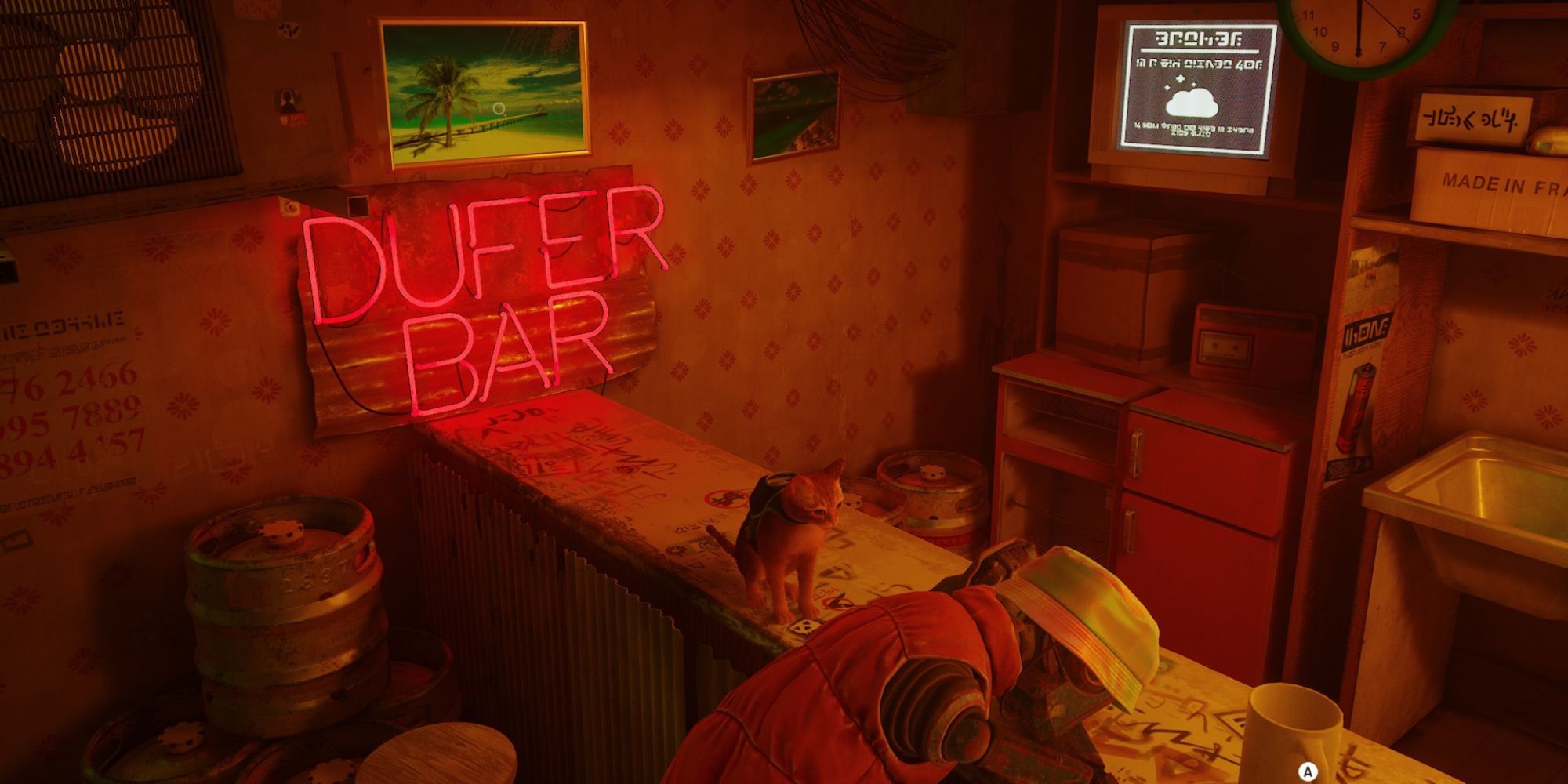 neon Duffer Bar sign sits by the bar counter in the slums, as Seamus is slumped over