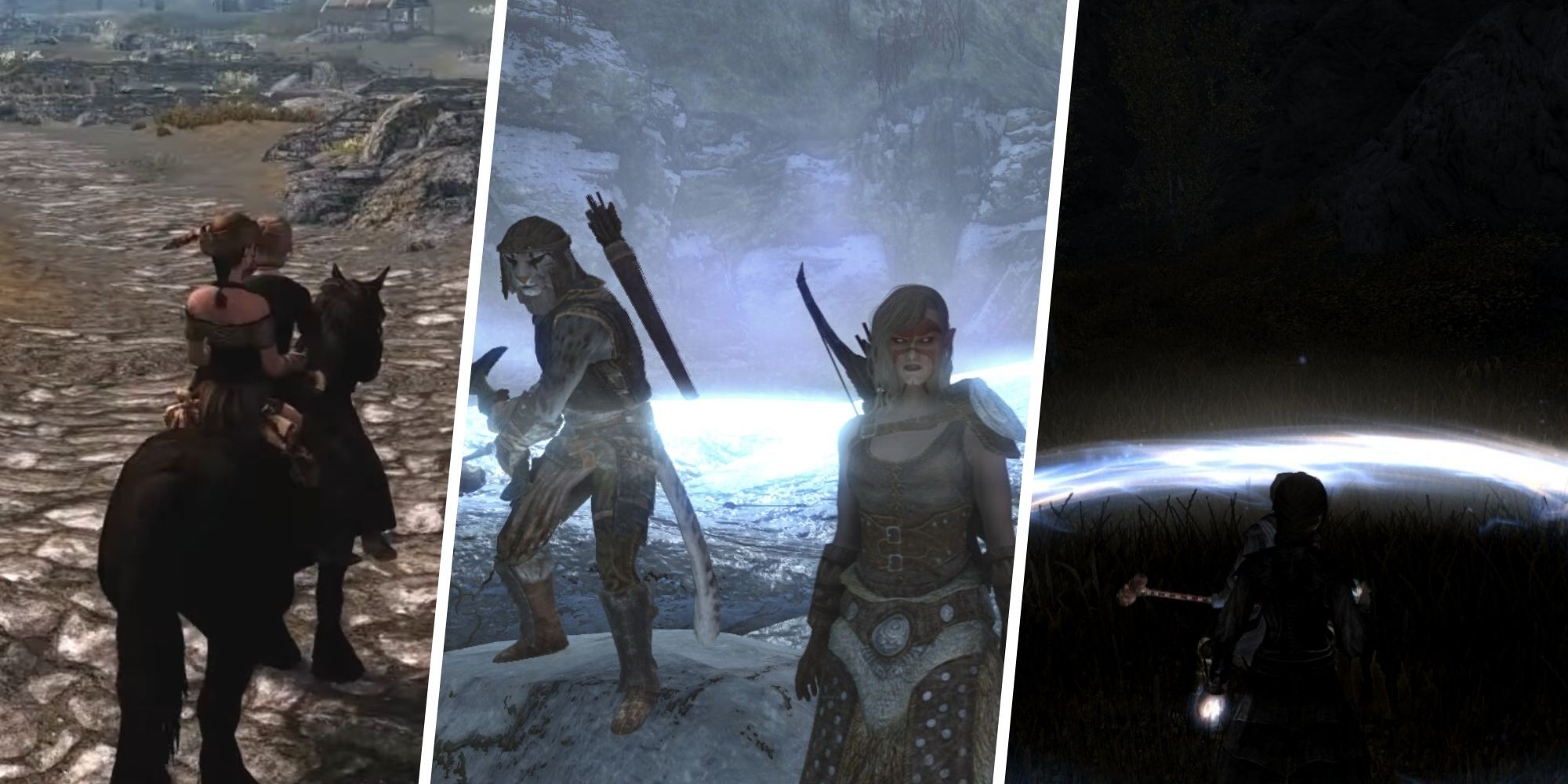 shared horseback riding, players use kahjiit and wood elf characters in skyrim together reborn, modded skyrim includes spell improvements