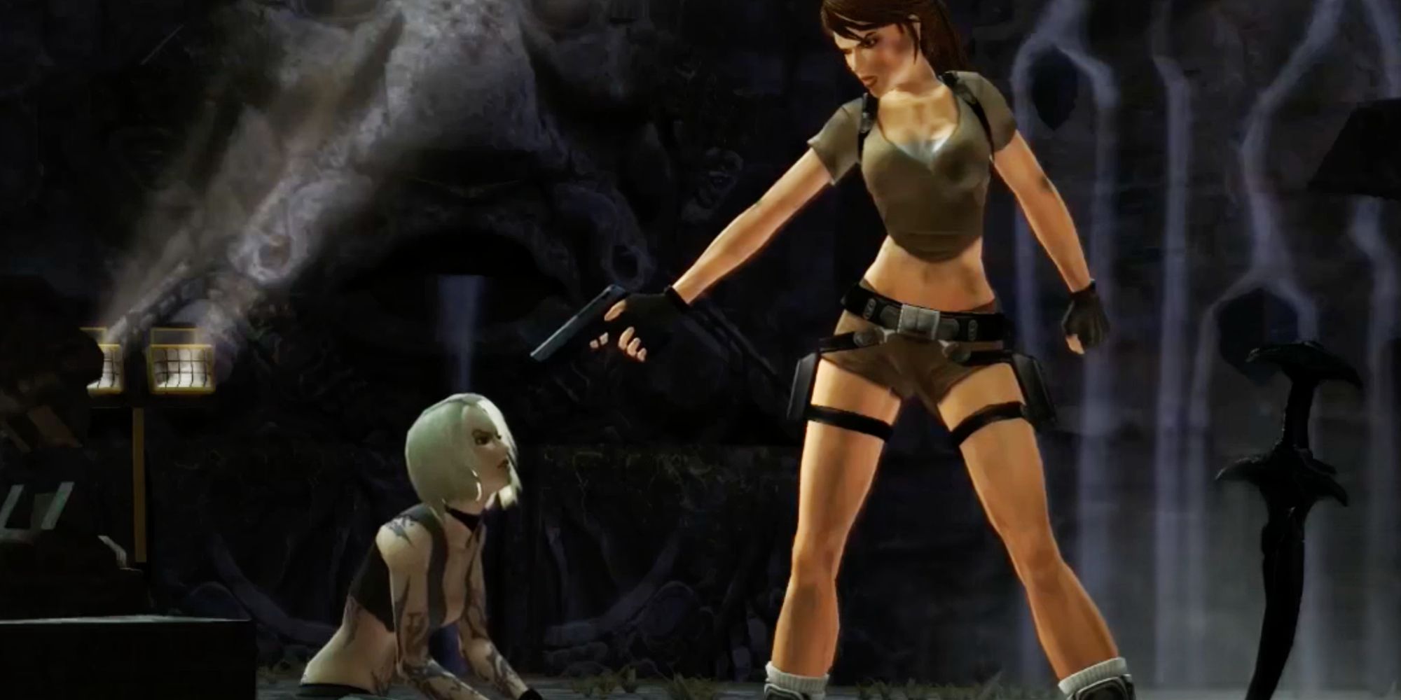 Lara pointing gun at Amanda in Tomb Raider Legend.