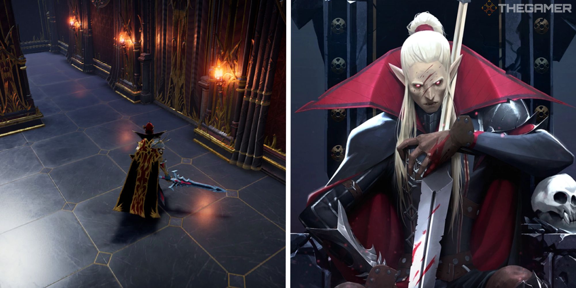 image of player in immortal king cloak next to image of promotional art for v rising