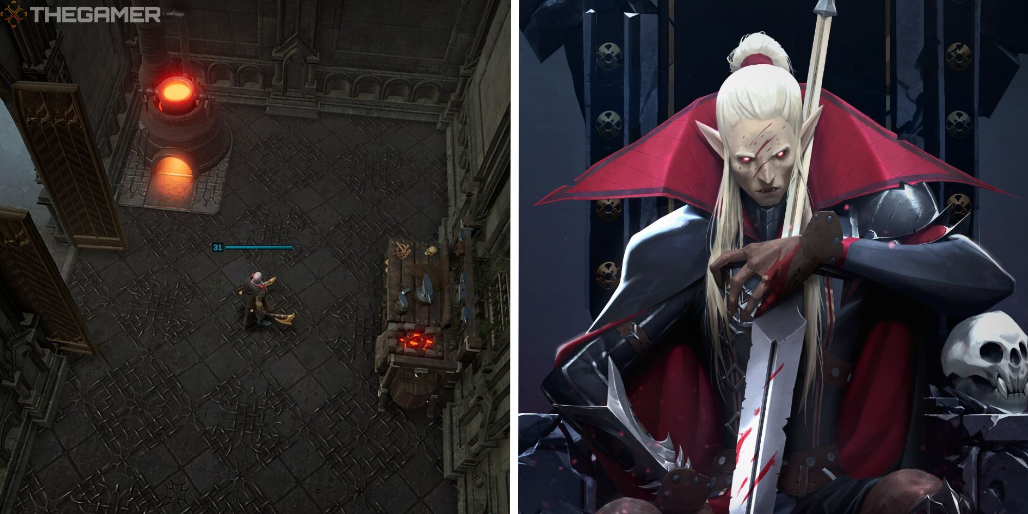 image of player in forge room next to image of promotional art for v rising