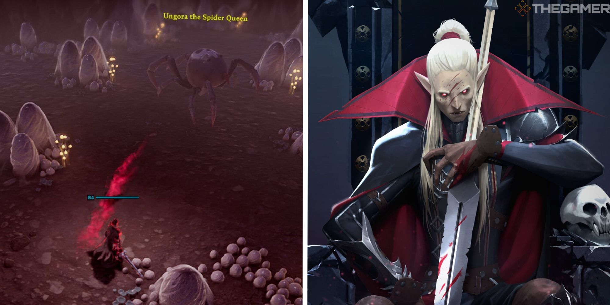 image of player facing ungora the spider queen next to promotional art for v rising