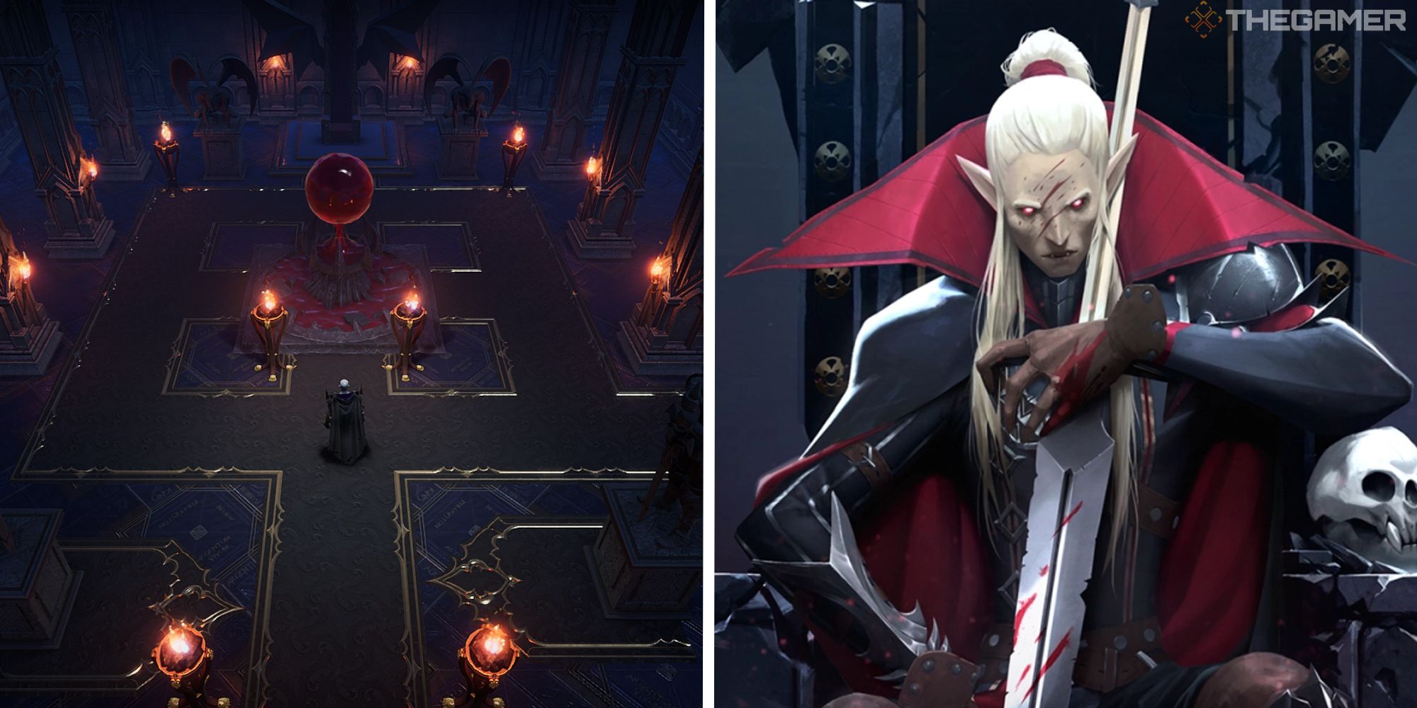 image of player at castle heart next to image of promotional art for v rising