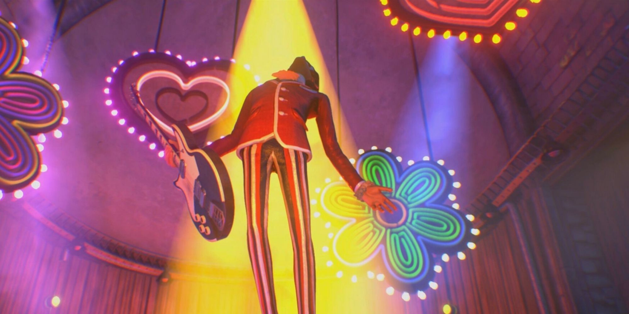 Nick Lightbearer ascends with his guitar in front of floral and heart neon lights