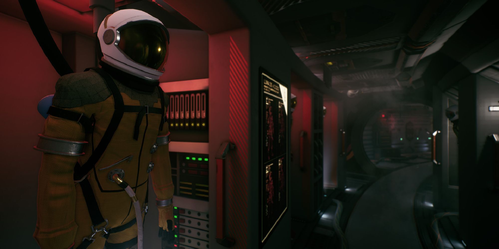 A screenshot of We Went Back, showing an empty spacesuit gazing vacantly at a red hallway