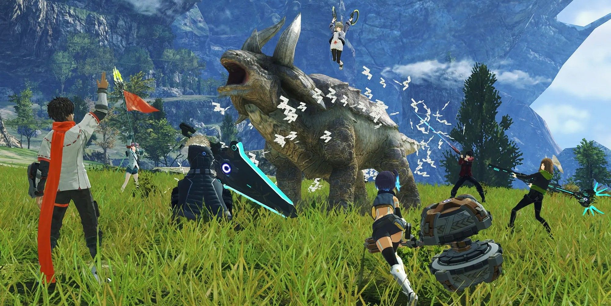 A screenshot from Xenoblade Chronicles 3, showing the party battling a dinosaur-like creature in a green field