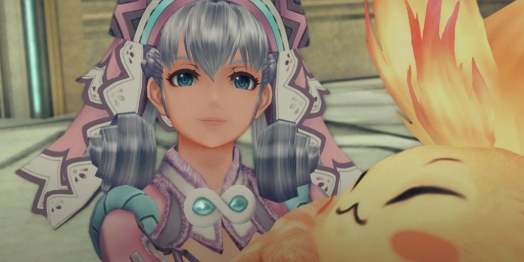 a shot of Melia from Xenoblade Chronicles: Definitive Edition smiling off into the distance while Riki stands in front of her smiling