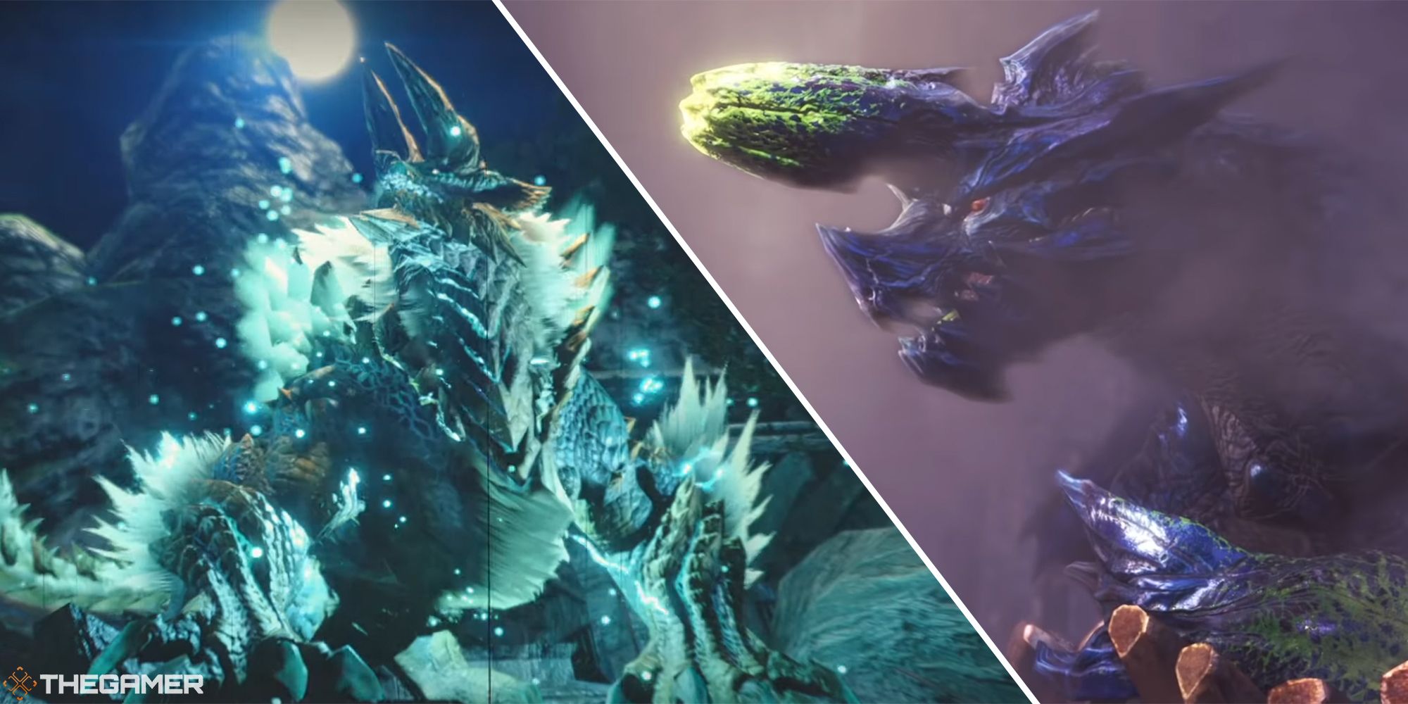 zinogre sedang naik daun dan brachydios di dunia cutscene gambar terbelah