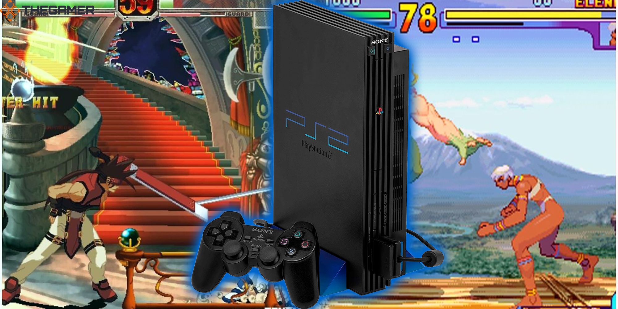 Background: screenshots of Sol Badguy, Ky Kiske, Alex, and Elena in Guilty Gear XX Accent Core and Street Fighter 3 Third Strike, respectively. Foreground: a blue glowing Playstation 2 console.