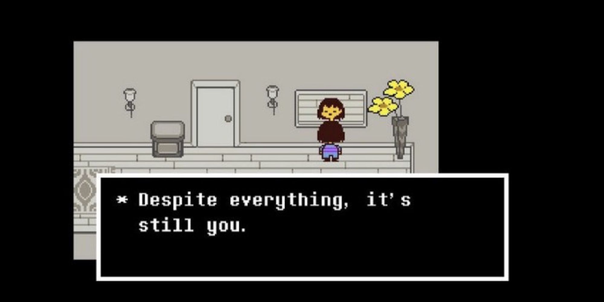 Frisk looks at their reflection in the mirror, noting that they're still the same after everything