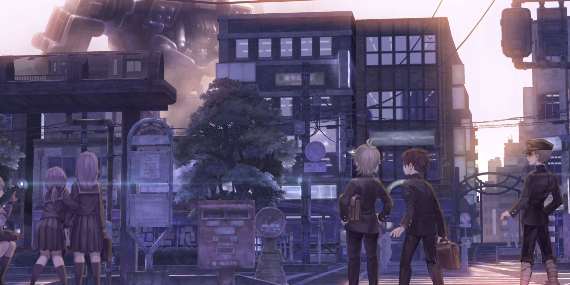 A group of students look up at a giant mech in a city