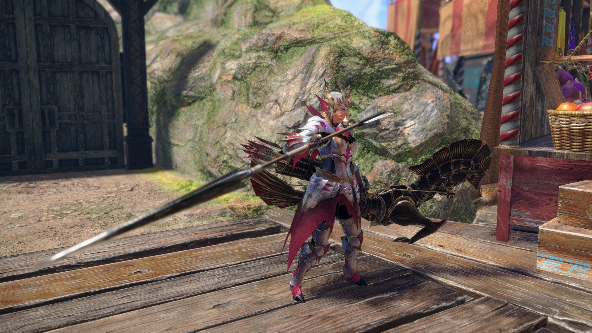 A female player character in Monster Hunter Rise Sunbreak with Malzeno armor and the Kushala Daora bow.