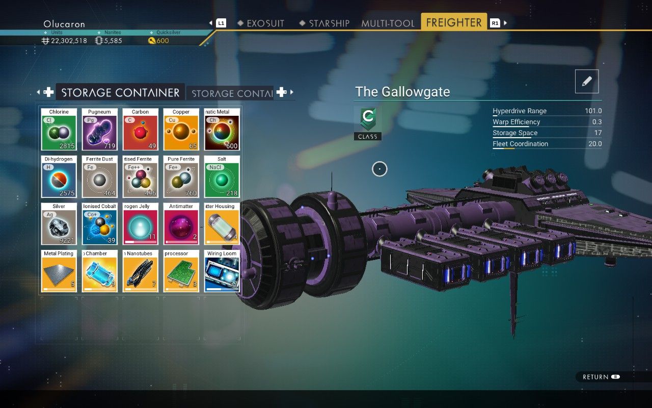 Image showing a Freighter inventory in No Man's Sky, full of resources needed for the Polestar Expedition