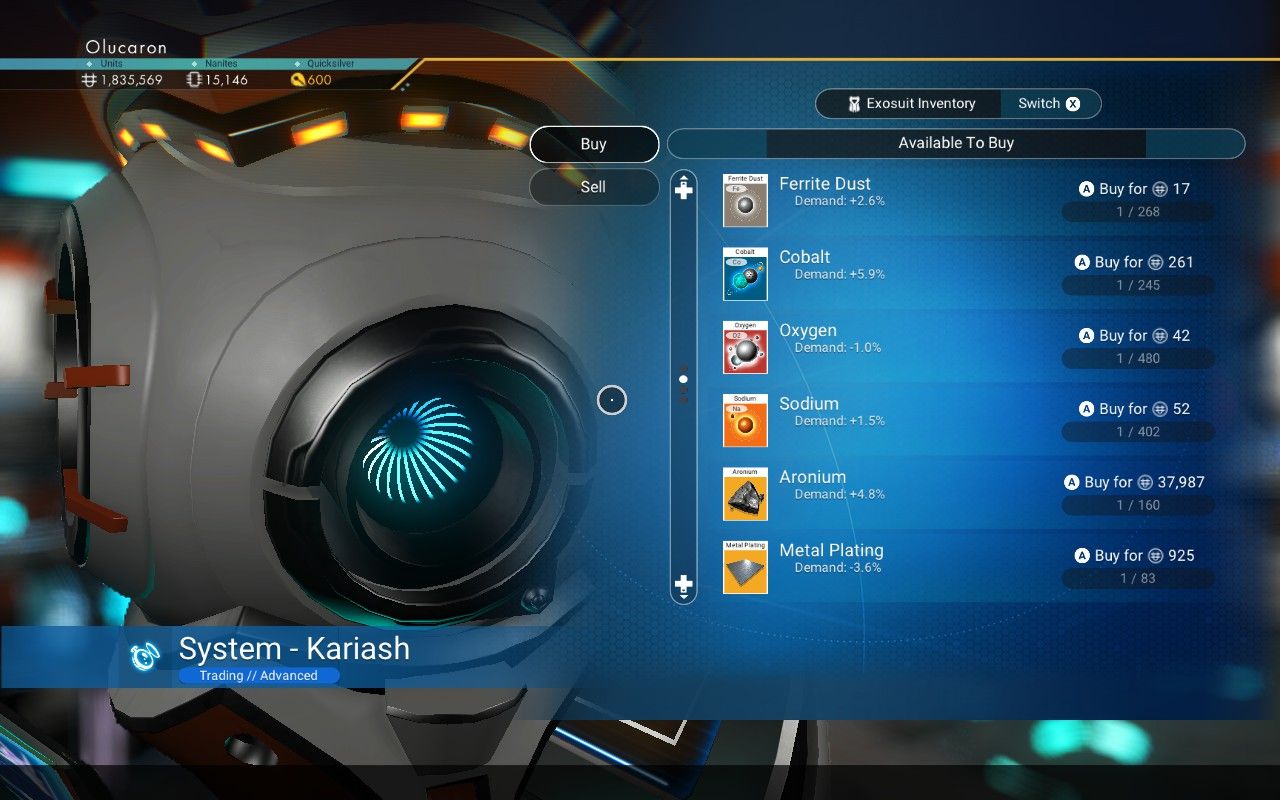 Image showing the shop inventory of a Galactic Trade Terminal in No Man's Sky