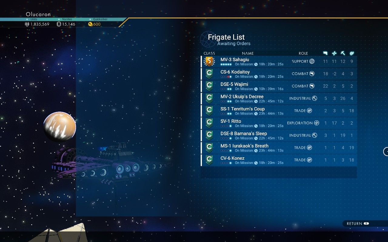 Image showing a frigate inventory in No Man's Sky. There is one S-class frigate and eight C-class ones.