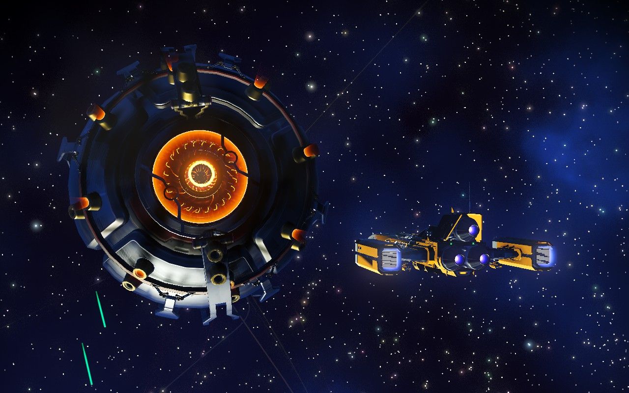 Image showing the Life Raft: a spacecraft that looks like a metallic sphere with an orange eye, next to a regular fighter spaceship in No Man's Sky.