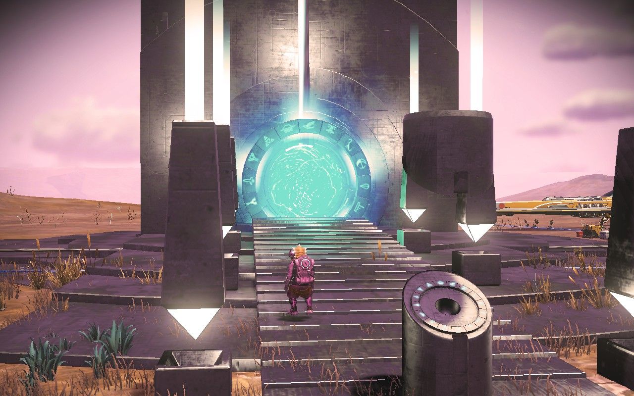 Image showing a Gek standing next to an activated portal (think: Stargate) in No Man's Sky
