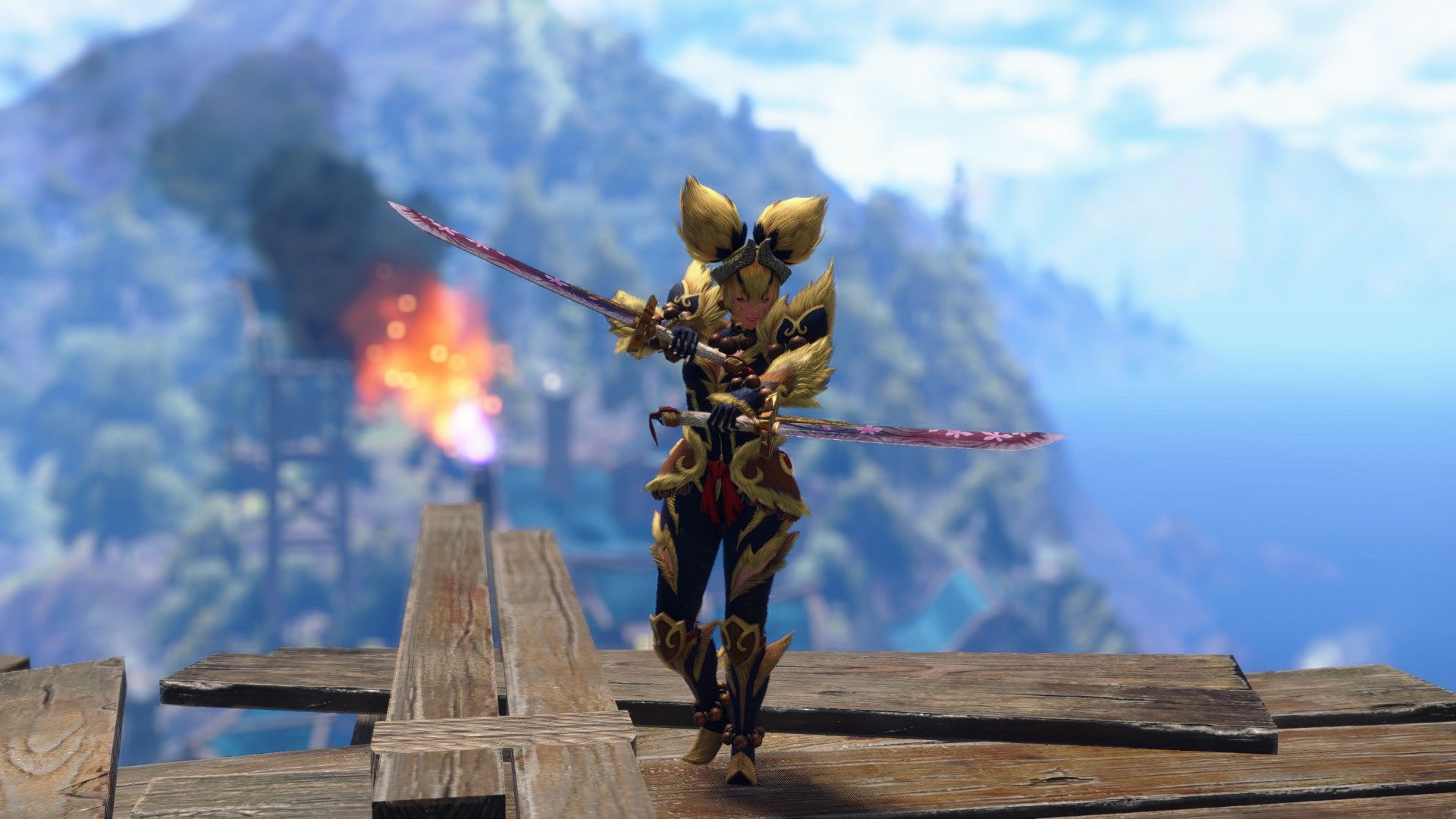 Female player character wearing the Furious Rajang armor wielding Mizutsune Dual Blades