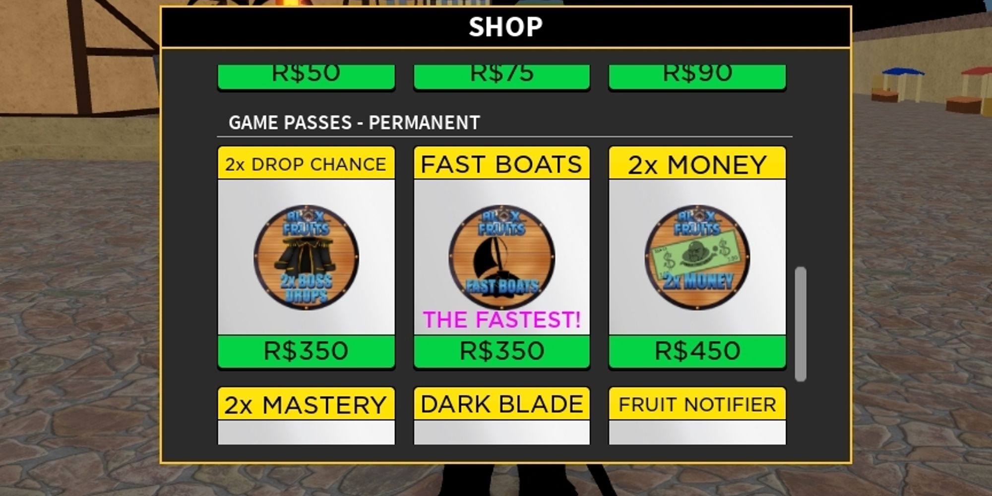 shop showing 2x drop chance, fast boats, and 2x money gamepass