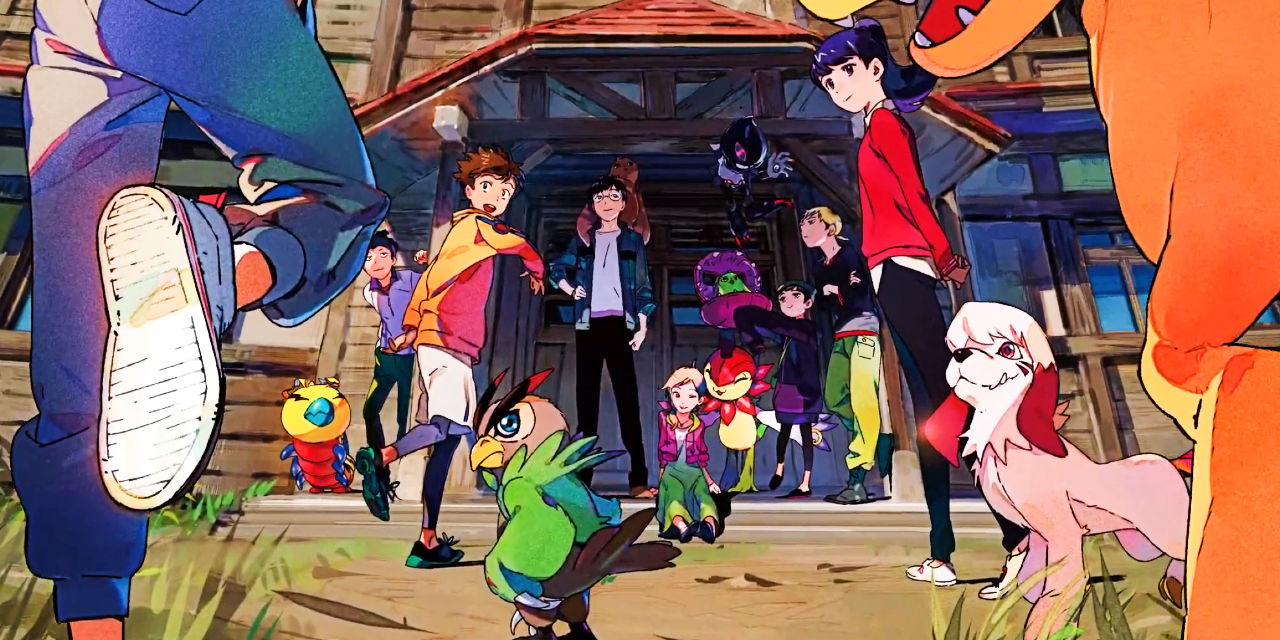 The main characters of Digimon Survive surrounded by some popular Digimon