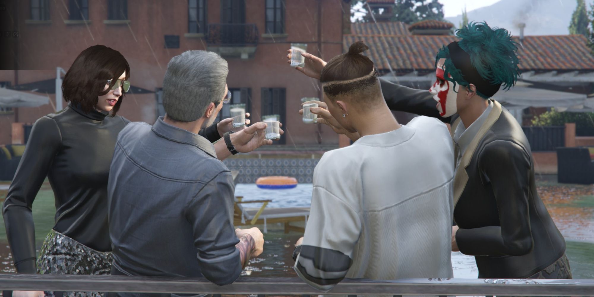 four GTA Online players toast in a cutscene after a successful heist