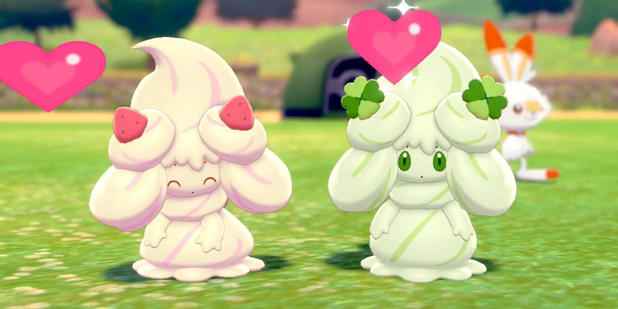 Alcremie from the video games, two different colored, during camp