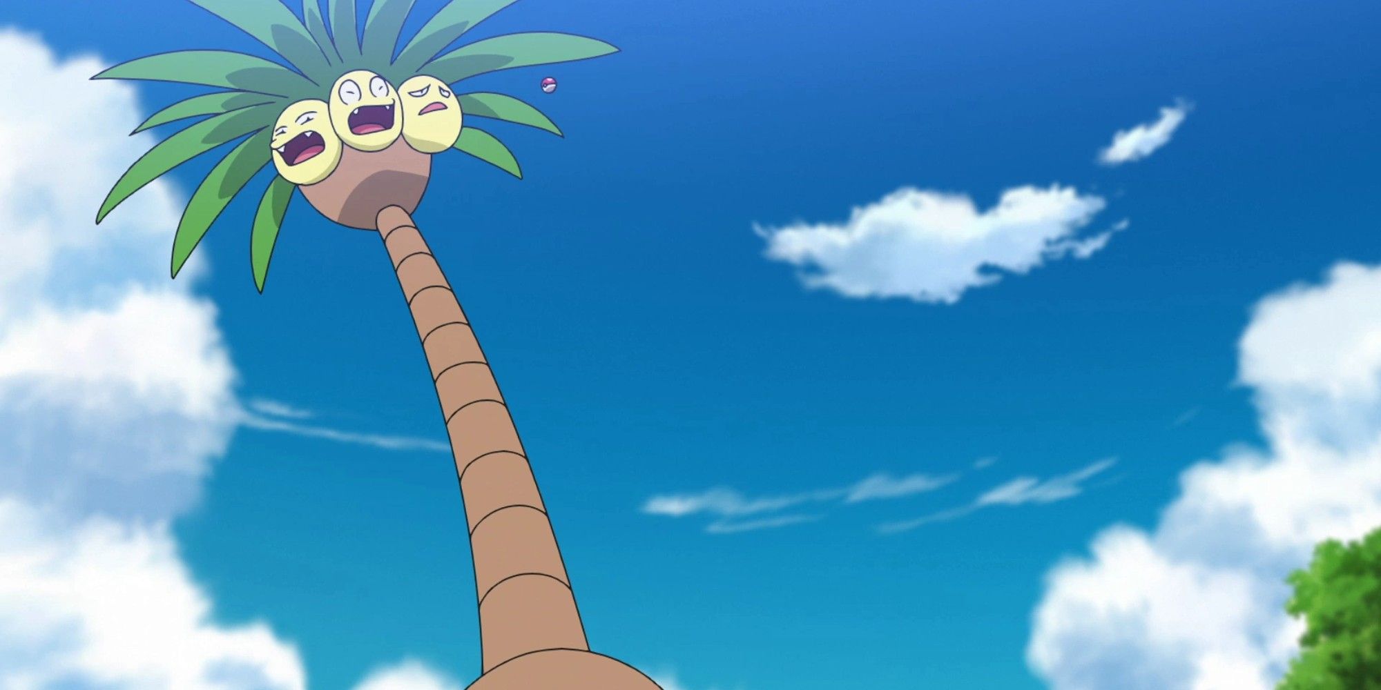 Alolan Exeggutor from the anime looking surprised, in front of the sky
