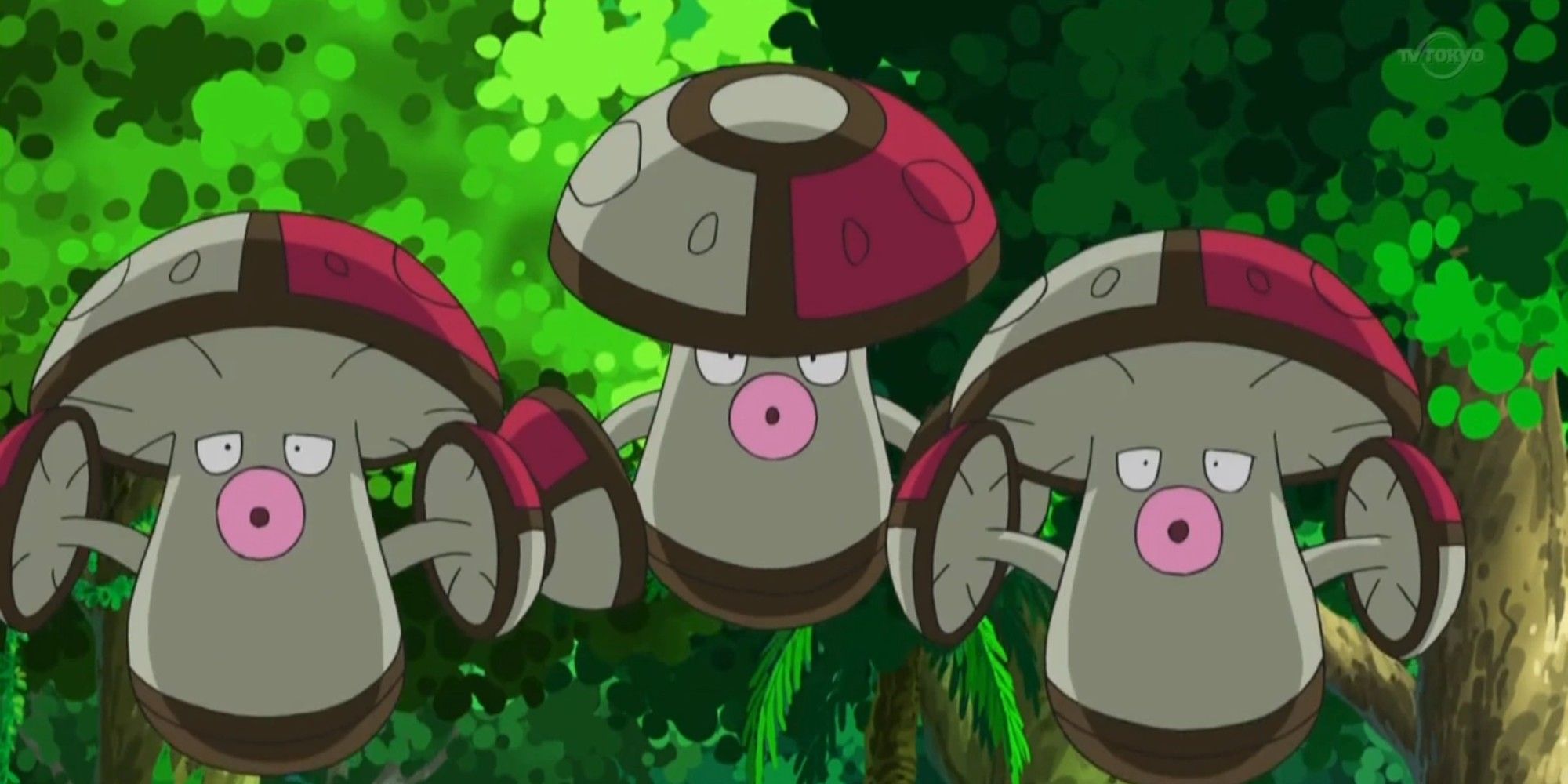 Amoongus trio from the anime looking confused in a forest