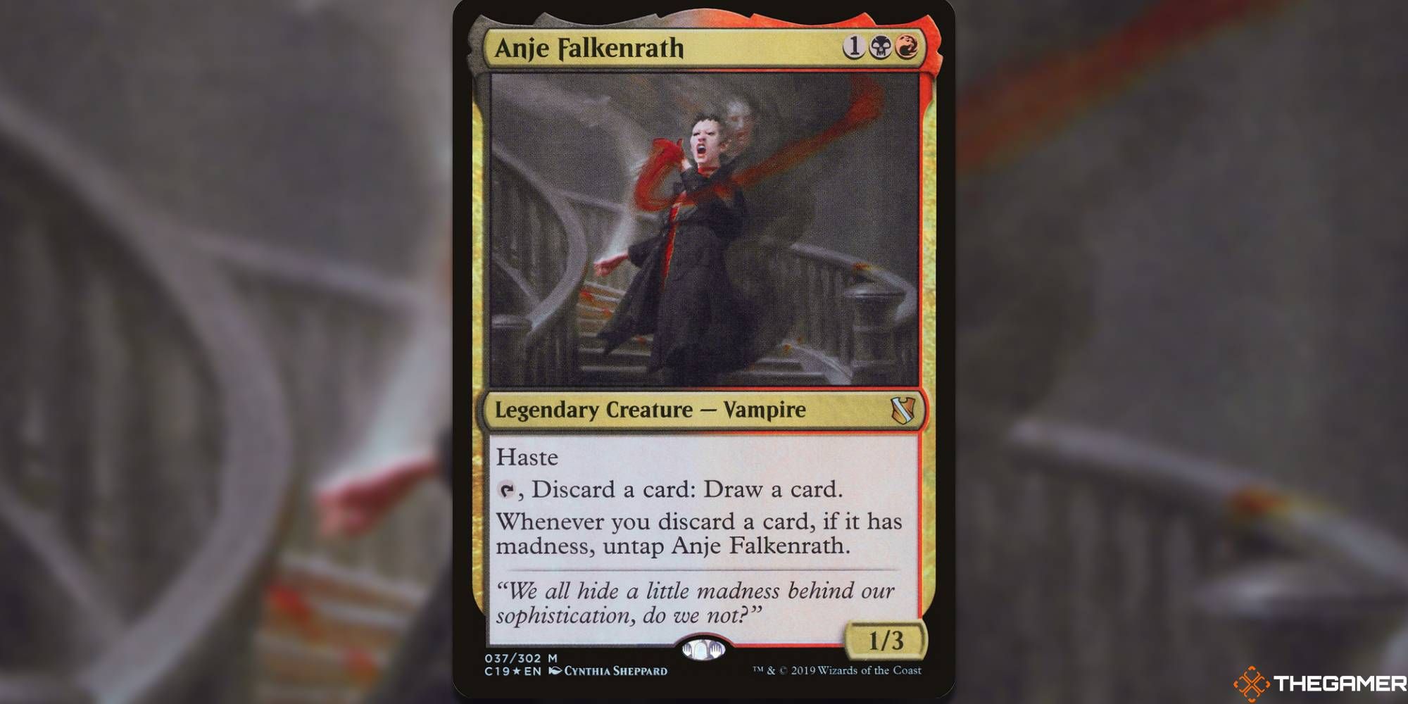 The vampire, Anje Falkenrath, walks down a set of curved, blood-stained stairs. She draws blood from a spirit behind her.